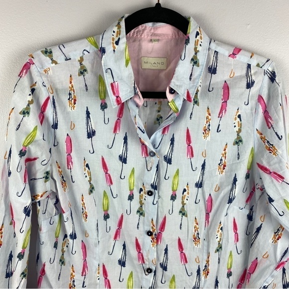 MILANO Italy Light Blue Pink Umbrella Button Down Cotton Shirt Small 38EU - Picture 3 of 13